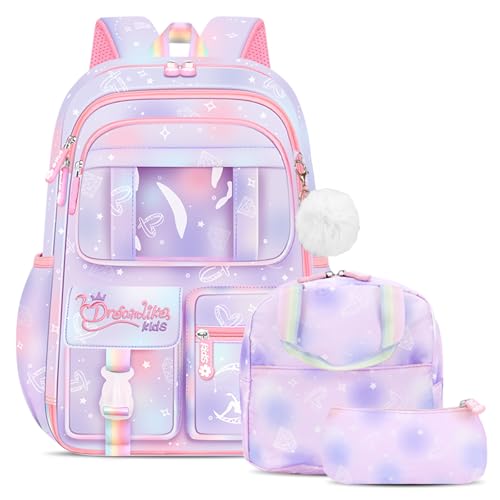 Amythe Mochila escolar de menina primária 3 peças, 2025 mochila para meninas Kawaii com pendente 6 a 12 anos, mochilas escolares menina impermeável e leve, 26 L, 6777