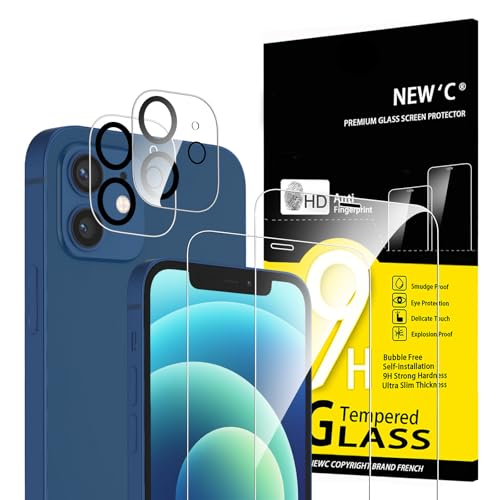 NEW'C 4 Pacotes, 2 x protetor de ecrã para iPhone 12 e 2 x protetor de ecrã da câmara traseira, sem bolhas de ar, ultra resistente, dureza 9H Glass
