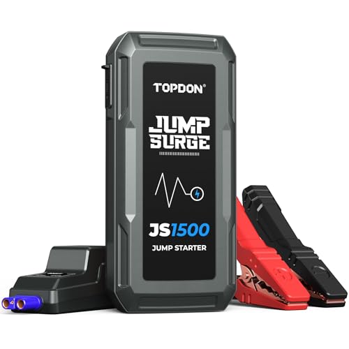 TOPDON JS1500 Arrancador de carros, 10000 mAh 1500A iniciador de baterias de carro de gasolina até 6,5 l ou 4,0 l de Diesel, carregamento rápido USB, com lanterna LED