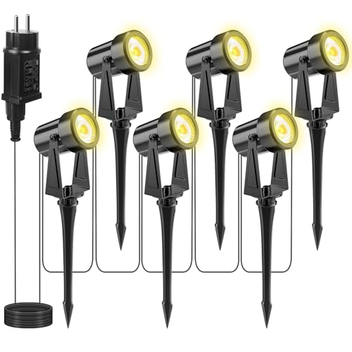Totofac Focos LED exteriores, 20 m 6 x 2 W LED holofotes de jardim com estaca, COB branco quente 3000 K 1800 lm 27 V IP65 impermeável, holofotes de jardim ao ar livre iluminação de caminhos para relva