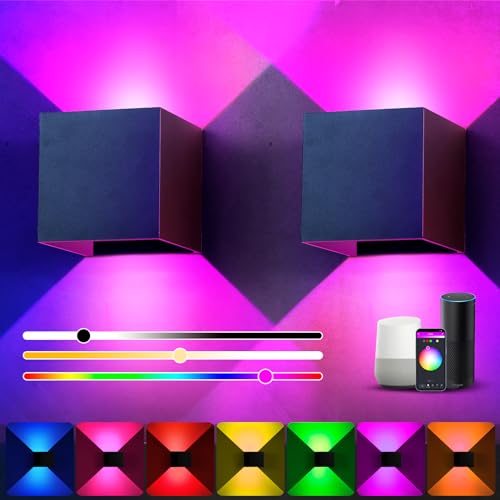 Apliques de parede RGB, 9 W aplique parede interior RGB regulável com controlo de aplicação, sincronização de música e bricolage de 16 milhões de cores, ângulo de feixe ajustável, para sala de estar