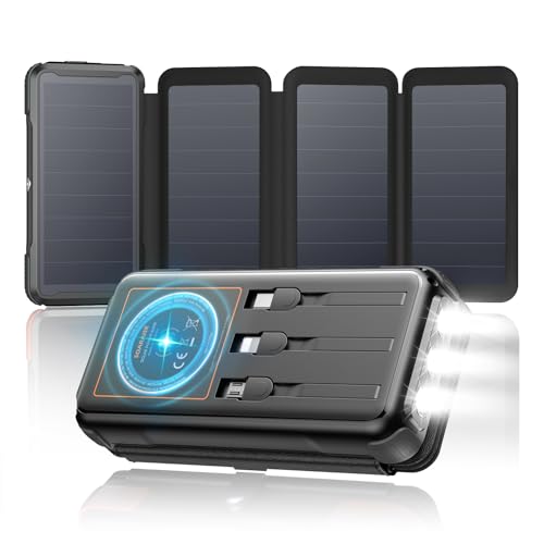SOARAISE Carregador solar 25000 mAh 20 W bateria externa carregamento rápido com 3 cabos e 4 painéis solares, PD QC 3.0 USB C Power Bank sem fios com lanterna LED para smartphones, campismo