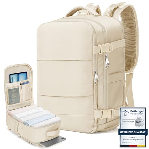 Samfolk Mochila viagem cabine avião 40 x 20 x 25 mochila viagem 12 bolsos mochilas de viagem para avião separado para sapatos mala de mão, 20 L, Bege, 40 x 20 x 25