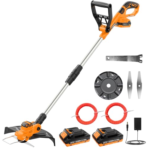 JYGMPRO Desboçador de bateria de 21 V, corta-raios bateria Brushless com 2 baterias de 2,0 Ah, 2 lâminas, 2 bobina de fio de 5 m, cabo ajustável, tubo telescópico, cabeça pivotante de 90 ° para jardim