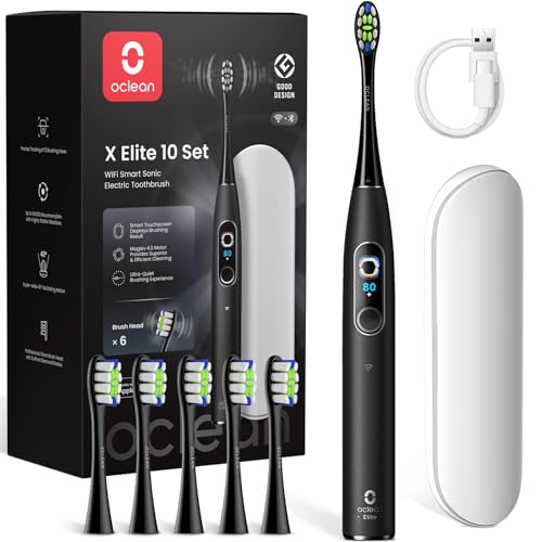 Escova elétrica Oclean X Elite 10 Set, AI escovado personalizado, ecrã tátil com rastreamento de 12 áreas, oscilação de 40°, 5 modos, temporizador, 40 dias, previsão do tempo, IPX7, preto