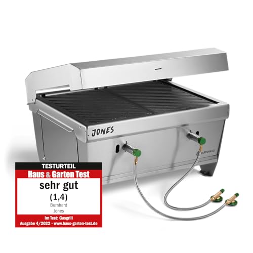 BURNHARD Churrasco a gás dobrável em aço inoxidável Jones, churrasqueira portátil com tampa, multifunções e saco, 2 queimadores com potência total de 6,4 kW para até 500 °C, grelha de campismo
