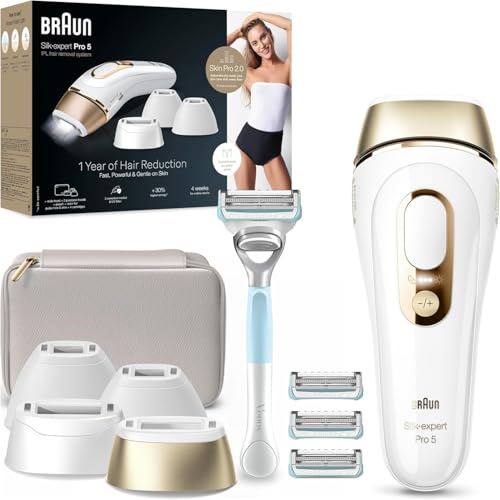 Braun Luz de pulso Silk-expert Pro 5, remoção de pêlos em casa, alternativa à remoção a laser, removedor IPL com capa, máquina Vénus, 4 cabeças para rosto e corpo, branco/dourado, PL5358