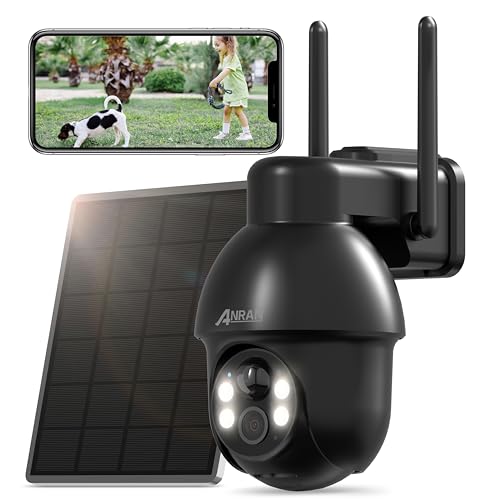 ANRAN 5MP FHD Câmara de vigilância Wi-Fi exterior com painel solar, PTZ 360° câmara de segurança, deteção humana PIR, visão noturna colorida, áudio bidirecional, alarme sereia, Q03 preto máximo