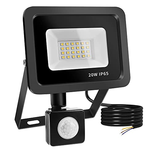 Realky 20 W Foco LED exterior com sensor de movimento, IP65 impermeável projetor LED exterior, 6500 K branco frio Floodlight para casa, garagem, pátio, terraço, campo