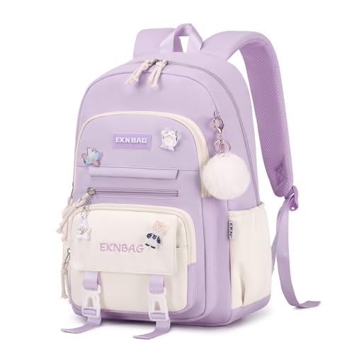 Tanou Mochilas escolares para menina, 20 litros mochila colégio menina com pingente de 8 a 12 anos, leve e impermeável mochila Kawaii escola de nylon para meninas, Roxo, Kawaii