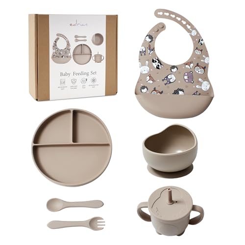 Edrian, Conjunto conjunto de louça bebé 6 peças silicone livre de BPA ideal bebés, não tóxico prato antiderrapante + tigela com ventosa+copo+talheres iniciação+babete ajustável recoletor, para