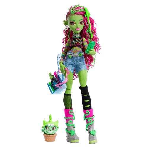 Monster High Venus McFlytrap Boneca com Chewlian, um animal de estimação monstruoso metade planta e meio gatinho e vários acessórios, como uma mochila, um diário, comida e bebida e muito mais, HRP81