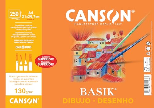 Canson Desenho básico, papel de desenho branco, grão fino, 130 gsm, folha, A4-21 x 29,7 cm, branco natural, 250 folhas