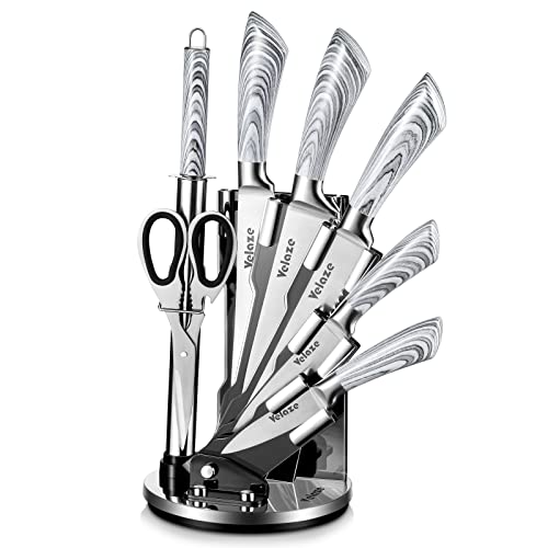 Velaze Faca de cozinha chef, conjunto de bloco profissional de 8 peças, facas de aço inoxidável durável com cabo de madeira para todo o tipo de alimento - cor prateada