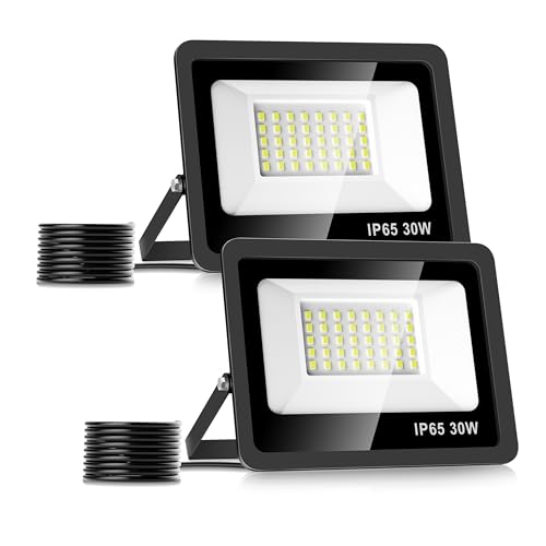 Realky 30 W Focos LED para exterior [2 pacotes], 6500 K 3000 LM projetor de holofote LED, IP65 impermeável branco frio Floodlight para casa, garagem, pátio, terraço, campo