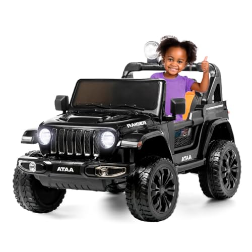 ATAA Carro elétrico infantil 4 x 4 Raider 12 v, carro infantil com rodas de borracha, assento de pele e comando para pais (preto)