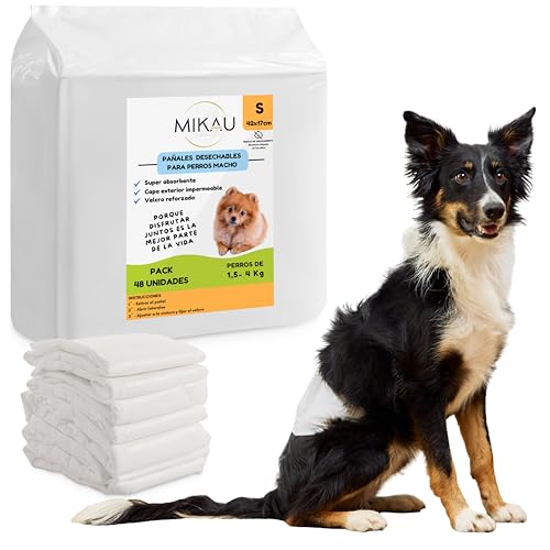 MIKAU Fraldas para cães (embalagem de 48), fraldas para cães masculinos ultra absorventes, ajuste anti-fugas, confortáveis e resistentes, fácil colocação (tamanho S)