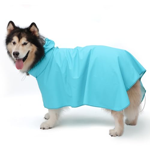 BWBIKE Capa de chuva para cães médios e grandes casaco impermeável para cães com capuz transparente e trela ajustável para a barriga, azul, XL