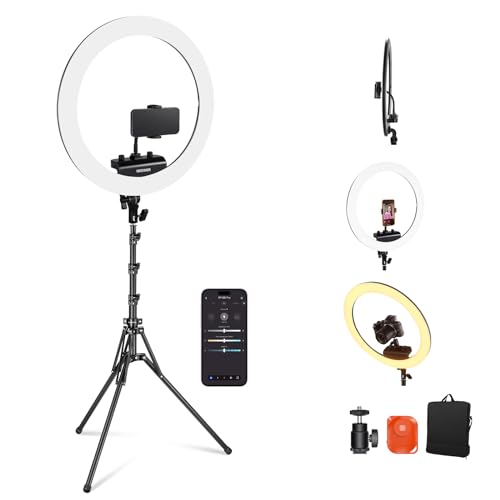 NEEWER Aro luz profissional com suporte e suporte para telemóvel, 18 polegadas ultra-fino, 45 W 2900 K-7000 K TLCI98, obturador remoto e APP controlo, iluminação mais suave para maquilhagem ao vivo