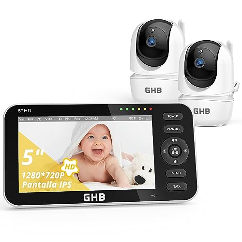 GHB Câmara de vigilância para bebé com 5" HD ecrã monitor de bebé com 2 câmaras, bateria de 4000 mAh suporta 4 câmaras, ecrã dividido, 4 × zoom, visão noturna, comunicação bidireciona ouvir bebés