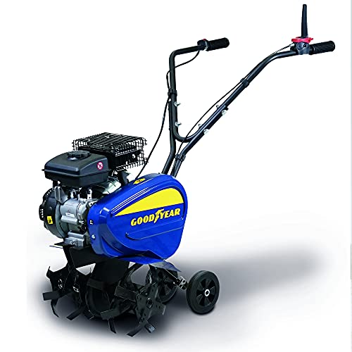 Goodyear - Motoenxada gasolina 98cc 3HP com 24 lâminas, largura de trabalho ajustável 210 - 420 mm, paragem automática de segurança, rodas de transporte, compactas e poderosas para jardim e jardim