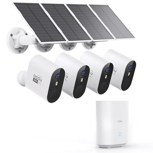AOSU 3K Câmara de vigilância Wi-Fi exterior solar com batteria, 5 MP 4 câmaras sem cabos, visão noturna colorida, visualização de 166°, áudio bidirecional, deteção de movimento PIR, IP67