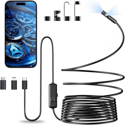 Vexloria Endoscópio câmara de inspeção, 1920P HD câmara endoscópica, endoscópio para telemóvel com 8 luzes LED de onda de 7,9 mm, IP68 à prova d'água câmara inspeção tubos para Android, iPhone (5 m)