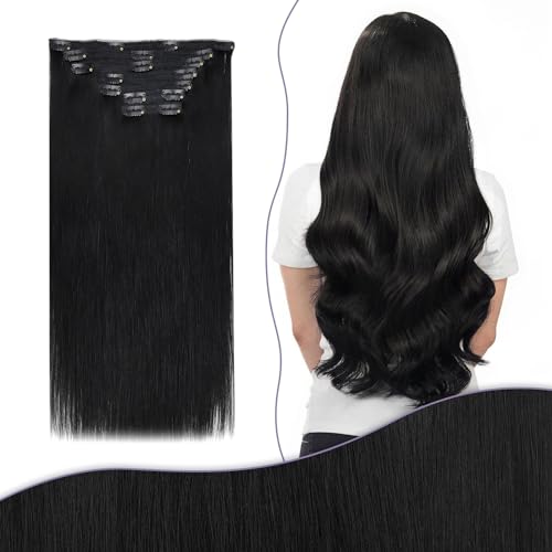 Fshine Azabache Extensões de clipe de cabelo humano preto, 135 gramas, 7 peças, 40 cm, Remy brasileiro, Lácio, cor 1