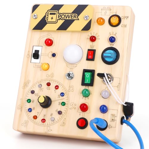 Busy Board brinquedos Montessori 1 ano tabuleiro de atividades brinquedo sensoriais de madeira com 10 interruptores e 23 luzes LED brinquedo de habilidades motoras para bebés de 2 3 4 anos em frente