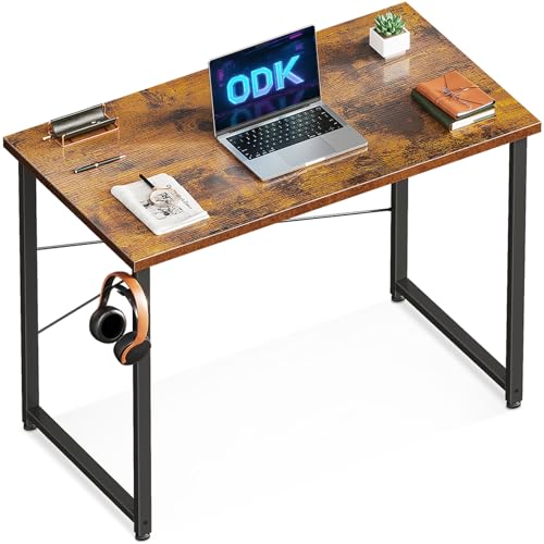 ODK Secretária, pequena secretária de 80 x 40 cm, com gancho para auriculares, mesa castanha para quartos pequenos, secretária para computador para escritório em casa