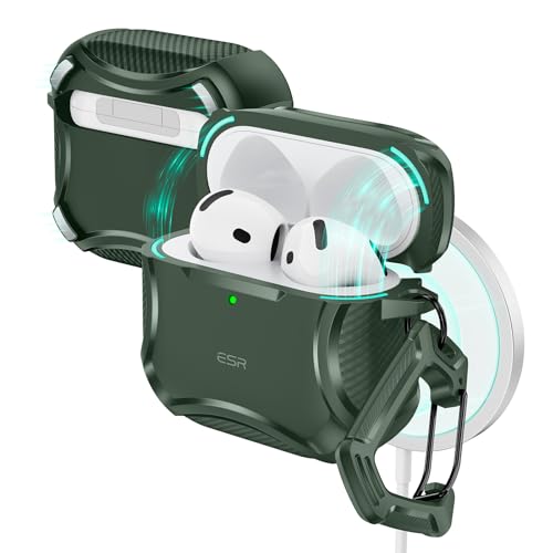 ESR Capa para AirPods 4 (2024), compatível com AirPods de 4.ª geração, compatível com MagSafe, forte proteção contra quedas, tampa magnética, série Cyber, verde