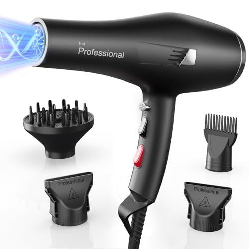Dekuri Secador de cabelo profissional, secador de cabelo iónico sem crespamento, secagem rápida sala Hair Dryer com difusor e bicos, 3 temperaturas e 2 velocidades