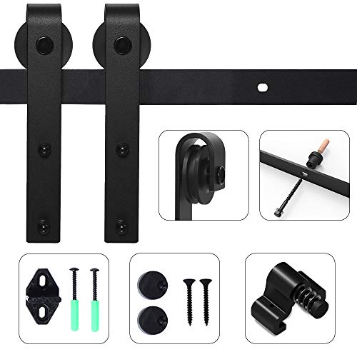 Kit de porta de celeiro deslizante de 7 pés / 213 cm, porta de celeiro de serviço pesado kit de calha preta para porta de madeira individual, cabide em forma de J