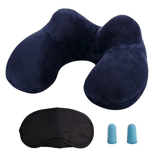 LUZWAY Almofada insuflável de viagem, almofada insuflável de pescoço de viagem, feita de veludo macio e capa lavável com tampões para os ouvidos, máscara para os olhos e bolsa de transporte (azul