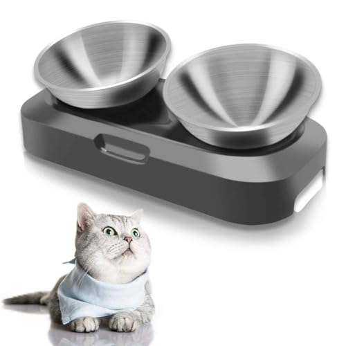 TANGN Camisola de gato elevado, porta-moedas e bebedor, gatos com inclinação de 15 graus, tigela de tigela dupla em aço inoxidável e base antiderrapante - cinzento para gato jovem e adulto (duplo)