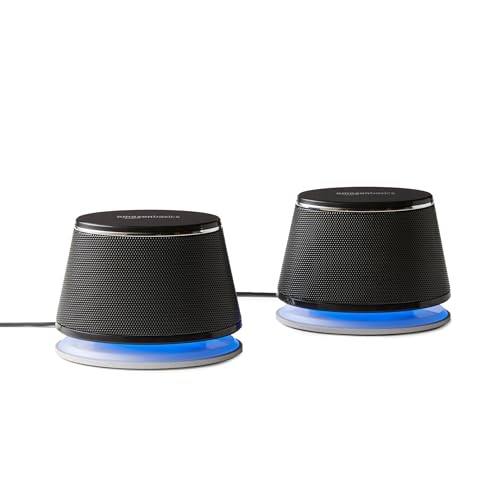 Amazon Basics Conjunto de cozinha 2,0 para PC ou portátil, entrada auxiliar de 3,5 mm, alimentação USB, 1 par, preto
