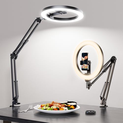 LUXSURE Aro de luz com tripé, Ring Light com função Bluetooth, 10'' anel de luz aro de luz com braço de suporte resistente e suporte para telemóvel para gravar vídeos, cozinha, transmissão ao vivo