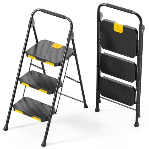 KINGRACK Escada dobrável de 3 degraus com bloqueio de segurança, escada de tesoura doméstica carga até 360 kg, com pedal largo antiderrapante, corrimãos, banco de aço, para casa, cozinha, preto