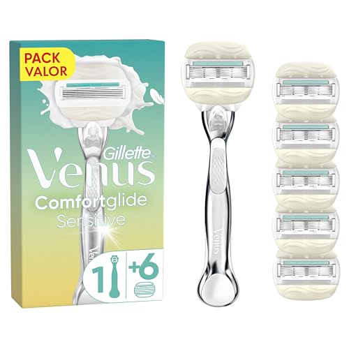 Venus Gillette Comfortglide 5 Sensitive Máquina de depilação para mulher, 1 cabo de metal e 6 lâminas de substituição, remoção suave, faixas de lubrificação com aloé