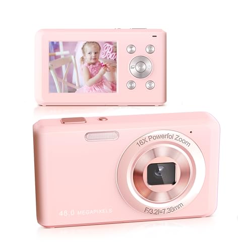 Câmara digital, FHD 1080P câmara compacta com cartão de 32 GB, 48MP câmara 2,4" LCD 16X Zoom digital para Kid estudante meninos adolescente menina menino (rosa)