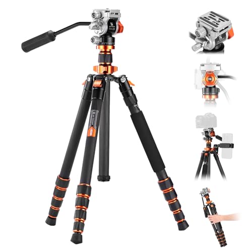 K&F Concept Tripé câmara 173 cm de fibra de carbono, O255C4 + FH-03 tripé de vídeo, tripé monopie 182 cm, arca swiss compatível para tripé de câmara DSLR carga 5 kg