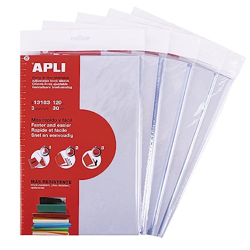 APLI 19654 - Forro de livros com aba ajustável em PVC. Medida: 300 mm, 120 µ. Maxi pacote de 15 unidades