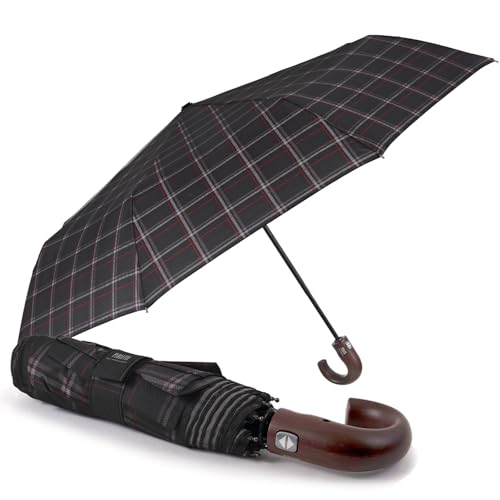 Guarda-chuva homem fantasia escocês dobrável - guarda-chuva portátil aperto de madeira resistente - guarda-chuva tortan automático - diâmetro 104 cm - Perletti Technology, Tartan preto e vermelho