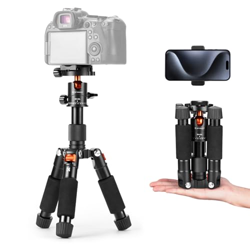 K&F Concept Mini tripé portátil S225A1 BH-25 tripé de mesa 50 cm para DSLR, câmara digital SLR, telemóvel, com clipe para telemóvel e placa de libertação rápida de 1/4''
