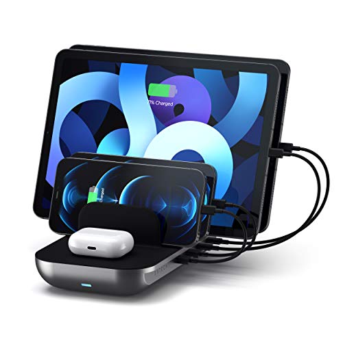 SATECHI Dock5 Estação de carregamento multi 5 em iwatch 1 com carregamento sem fios, Qi 10 W, 2 × USBPD de 20 W, 2 × USBA 12 W para iPhone, iPad, AirPods e muito mais, cinzento espacial