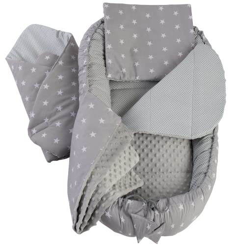 Medi Partners Conjunto de 5 peças ninho bebé recém-100 x 60 x 15 cm palmilha removível berço ninho para bebés redutor de berço 100 % algodão (Estrelas com cinzento Minky)