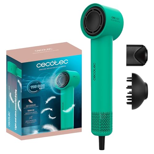 Cecotec Secador de cabelo Ionicare Rockstar Style Green, secador muito compacto e leve, motor 1500 W 11000 rpm, gerador de íões, 4 temperaturas, 3 velocidades, silencioso: Tecnologia Brushless