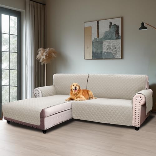 BellaHills Capa sofá Chaise Long 3 lugares braço esquerdo, capa sofá 2 lugares, capa sofá impermeável em forma de L 205 cm, branco níveo