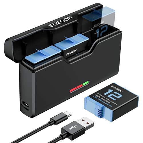 ENEGON Pacote de 3 baterias de 1800 mAh para GoPro Hero 12, 11, 10 e 9 + carregador USB LCD de 3 canais, totalmente compatível