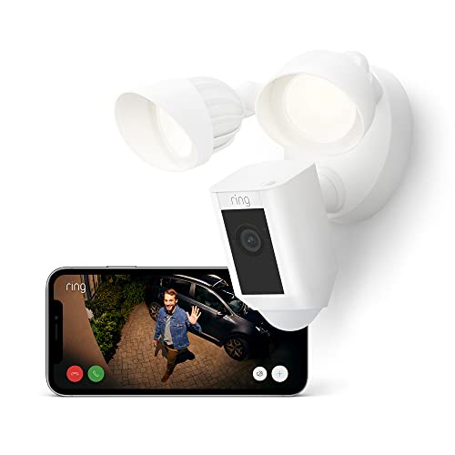 Ring cámara Plus con focos cableada (Floodlight Cam Wired Plus) | Cámara de vigilancia exterior wifi con vídeo HD, comunicación bidireccional, focos LED, sirena integrada | 30 días gratis de Ring Home